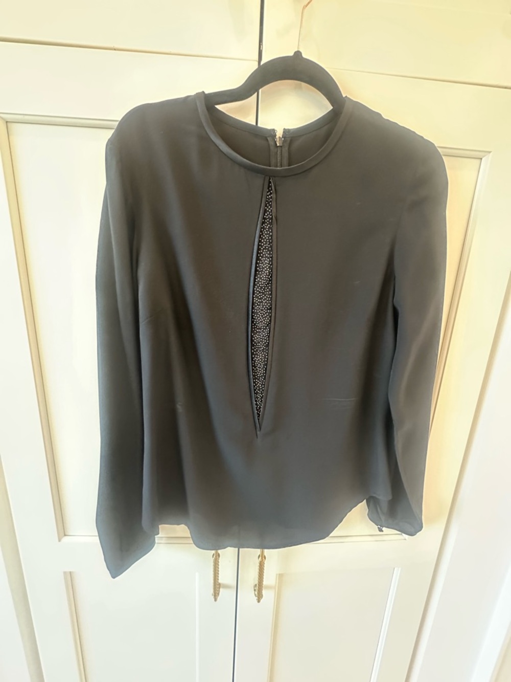 St. John Black Long-Sleeve Keyhole Blouse with Embellished Inset